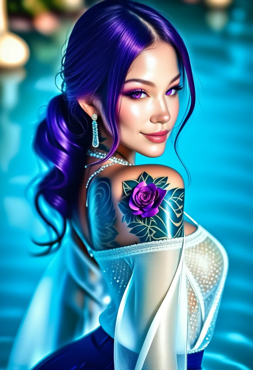 (Masterpeace,  HIGH QUALITY, high resolution,  Realistic photo,  photography), Beautiful girl, from 23 to 28 years old , with clear eyes,  long purple hair curled over her shoulders,  big beautiful breasts ,  beautiful and detailed face , beautiful butt , angelic gaze,  Beautiful legs , tattoos,  great detail of her body and face in a sensual and erotic pose.  Looking at the spectator with a beautiful smile .  Great detail of the background and environment . Wearing Victoria's Secret see-through erotic lingerie.
