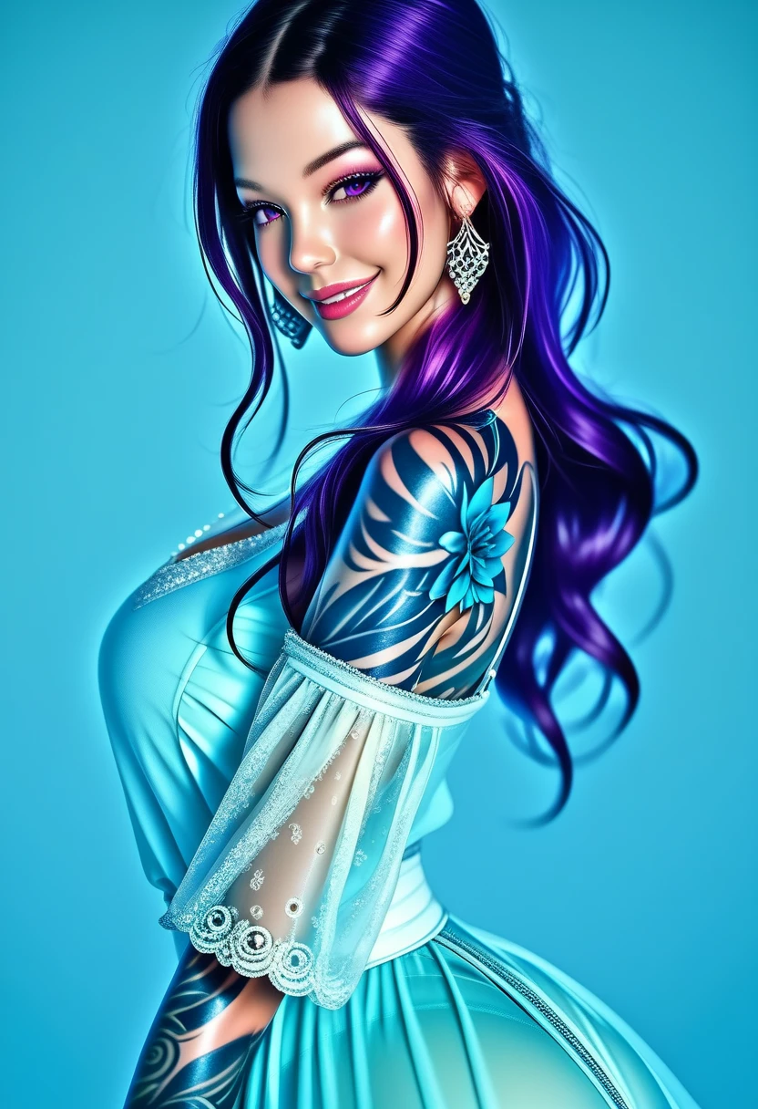 (Masterpeace,  HIGH QUALITY, high resolution,  Realistic photo,  photography), Beautiful girl, from 23 to 28 years old , with clear eyes,  long purple hair curled over her shoulders,  big beautiful breasts ,  beautiful and detailed face , beautiful butt , angelic gaze,  Beautiful legs , tattoos,  great detail of her body and face in a sensual and erotic pose.  Looking at the spectator with a beautiful smile .  Great detail of the background and environment . Wearing Victoria's Secret see-through erotic lingerie.
