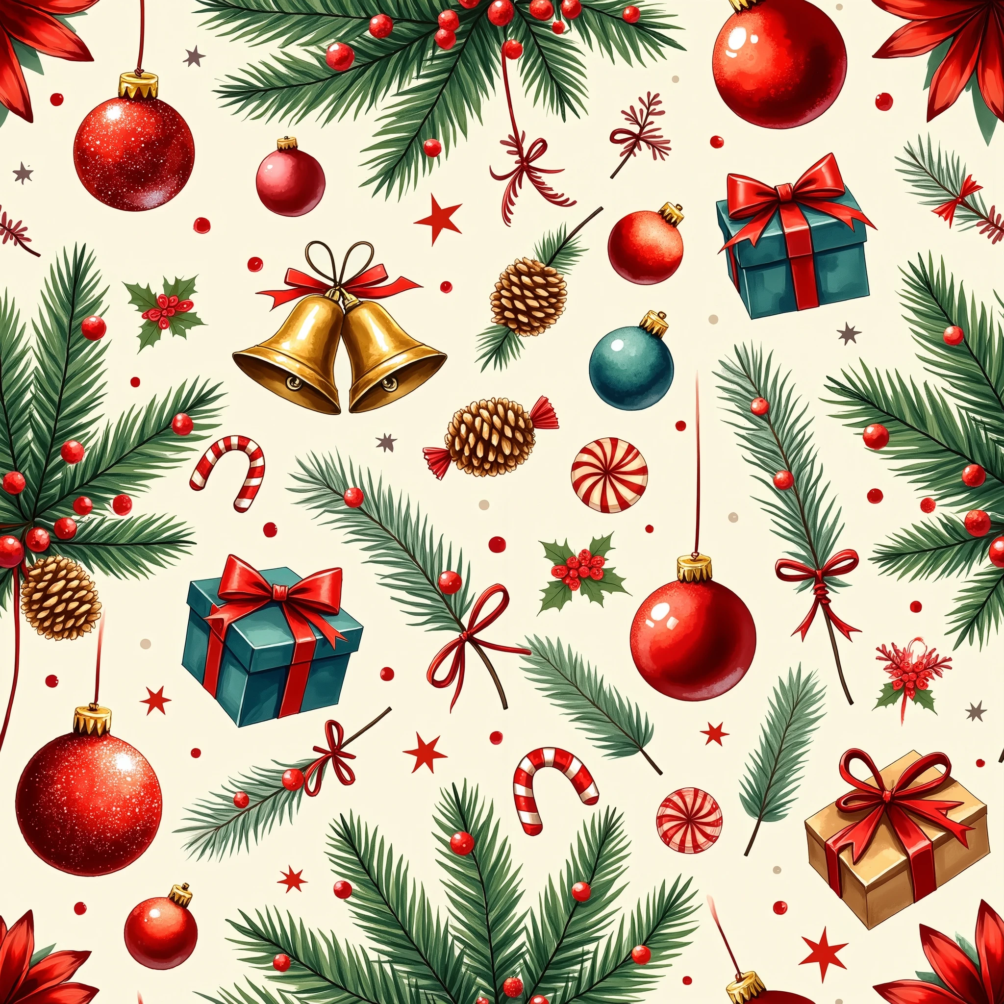 Christmas gift paper pattern, balls, bells, pine, gift box, candy