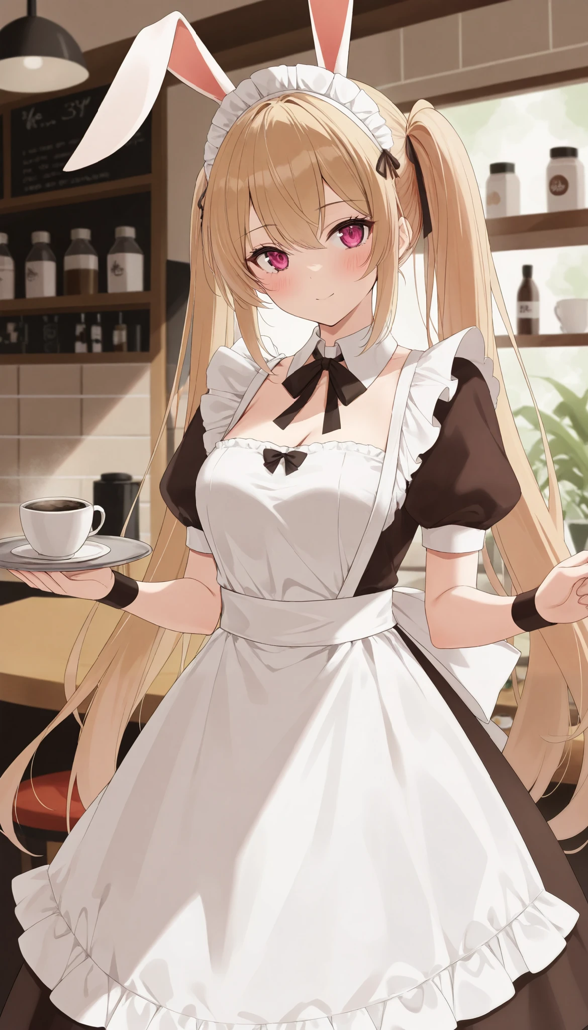 (((Best quality, 8k, Masterpiece: 1.3)), ((best quality)), ((masterpiece)), (detailed), perfect face, perfect body, (detailed skin:1.3), (intricate details), rabbit ears, maid, maid costume, maid apron, Taking a break in a cafe, coffee cup, drinking coffee