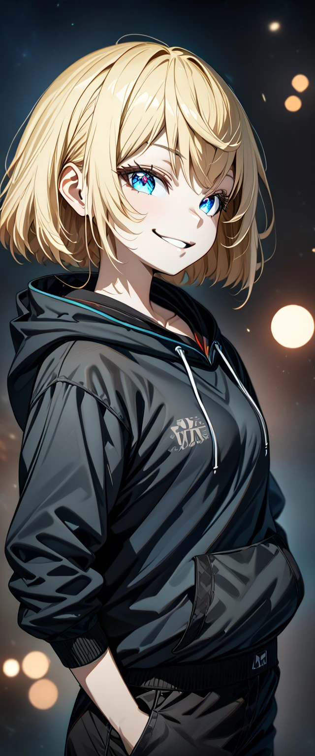 (((One girl))), blond hair, bob cut, (upper body), (looking at viewer), breasts, teenager, head tilt:1.3, (((blue eye))), (from side), hand in pocket, ((happy smile)), black hoodie, black shorts, anime style, (best quality, 4k, 8k, highres, masterpiece:1.2, ultra-detailed, ultra-detailed eyes, HDR, UHD, studio lighting, ultra-fine painting, sharp focus, physically-based rendering, extreme detail description, professional, vivid colors, bokeh)