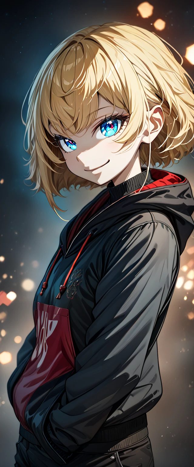 (((One girl))), blond hair, bob cut, (upper body), (looking at viewer), breasts, teenager, head tilt:1.3, (((blue eye))), (from side), hand in pocket, ((happy smile)), black hoodie, black shorts, anime style, (best quality, 4k, 8k, highres, masterpiece:1.2, ultra-detailed, ultra-detailed eyes, HDR, UHD, studio lighting, ultra-fine painting, sharp focus, physically-based rendering, extreme detail description, professional, vivid colors, bokeh)