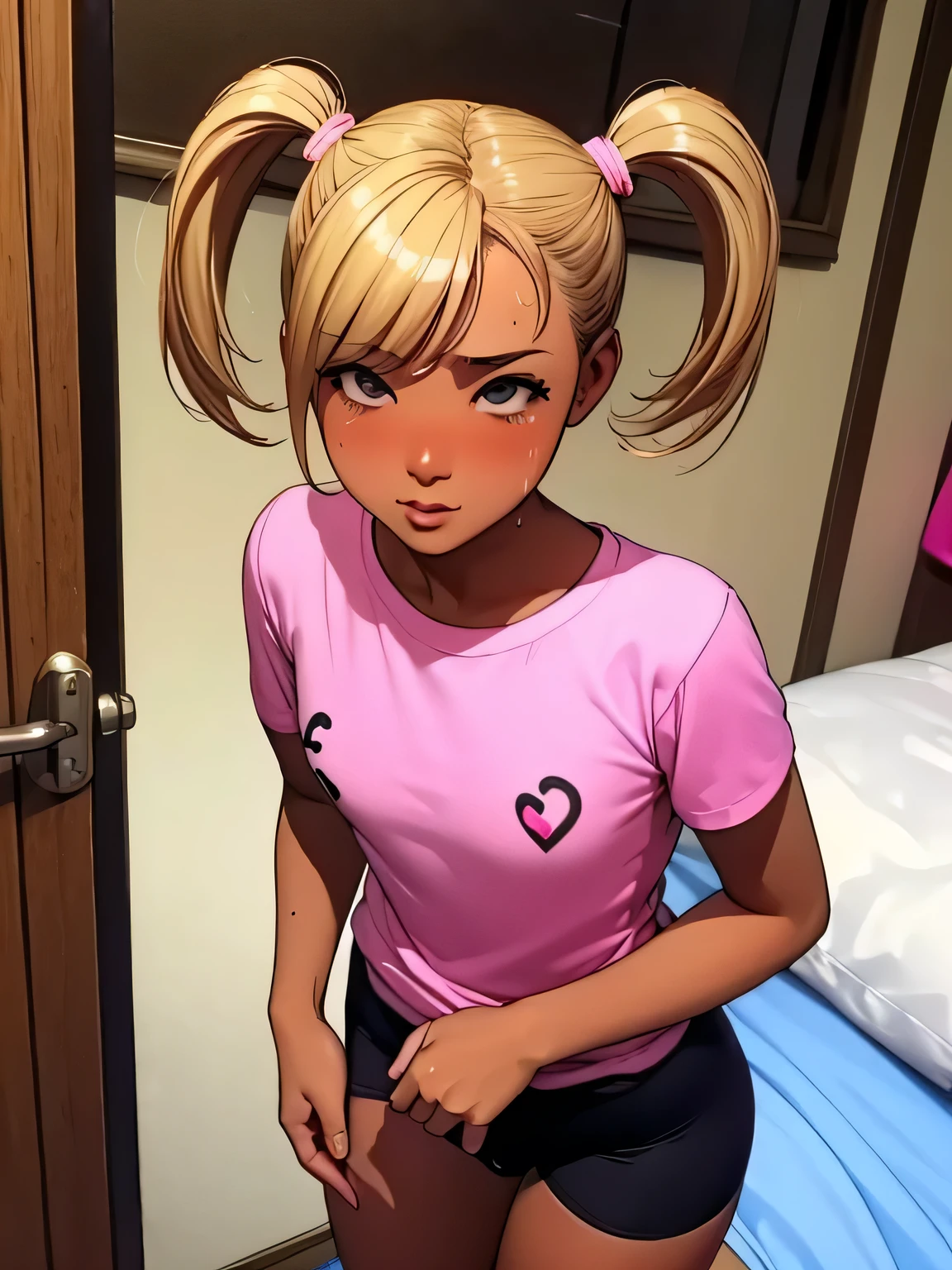 masterpiece、top-quality、 skin is tanned 、Brown Skin、 Short Blonde Twin Tails 、Blonde dyed hair、The upper body is wearing a light T-shirt 、 wear pink bike shorts for the lower body、An adult woman dressed like a 、Flat、Nipple erection、 A Face Expecting Something 、、blush、Sweaty、 standing、Like the whole body、 A Beautiful Japanese Adult Woman、 female 、No々A Woman Who Came Over 、The scene where you walk into a dirty bedroom、 Official Art 、Photographed in modern Japan 、Take a full body image