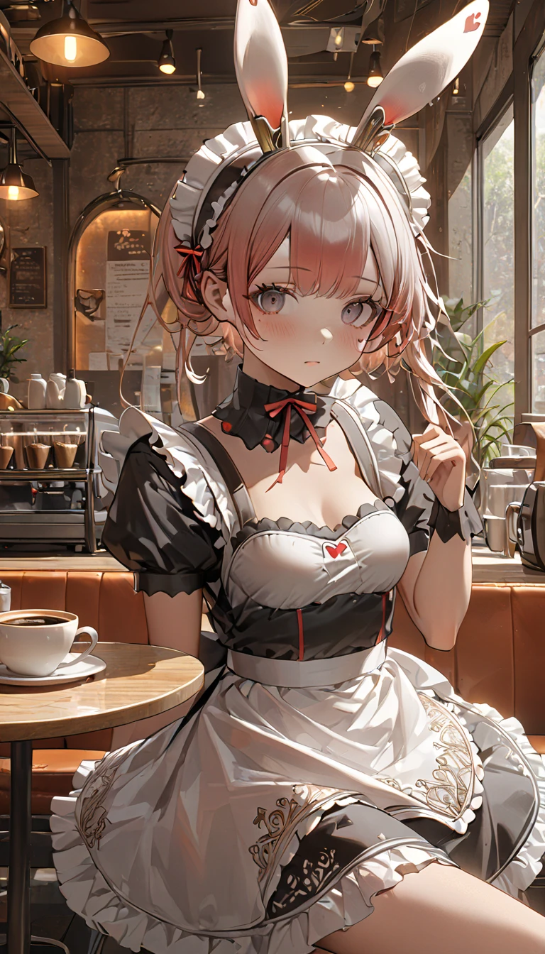 (((Best quality, 8k, Masterpiece: 1.3)), ((best quality)), ((masterpiece)), (detailed), perfect face, perfect body, (detailed skin:1.3), (intricate details), rabbit ears, maid, maid costume, maid apron, Taking a break in a cafe, coffee cup, drinking coffee