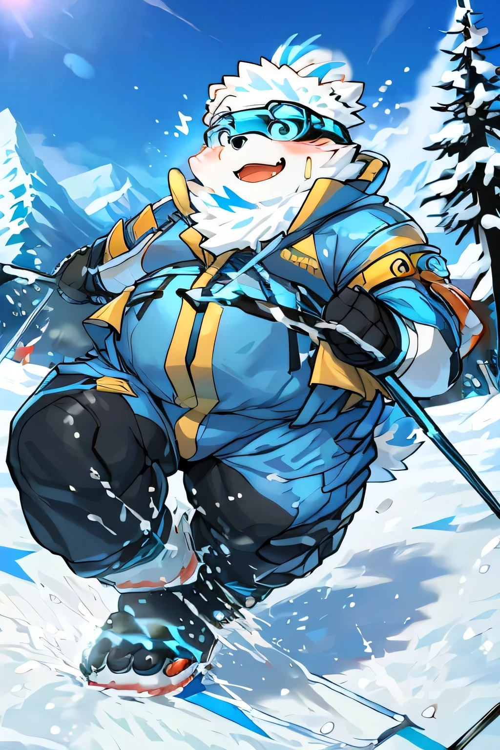 （（obesity、 Being overweight 、Being overweightのの顔 ））（（@mind_By Drive）Gained weight、Being overweight、Dog Beast Man、fur、Fluffy、 cute、(Yohack)blush)(Ski、Winter sports 、 snowy mountains、Powder snow 、Ski wear、Very warm figure 、lover、boyfriend）Hold the ski stock in both hands、Glide、 snowy mountains、Slopes、 winter jacket 、 LONG PANTS、 snowy mountains,  winter jacket , Ski goggles , Plaanding Ski, snow spray,  skiing ,  ski racing ,  sliding from peak to foot, In the full view ,  masterpiece  , and, full bodand like