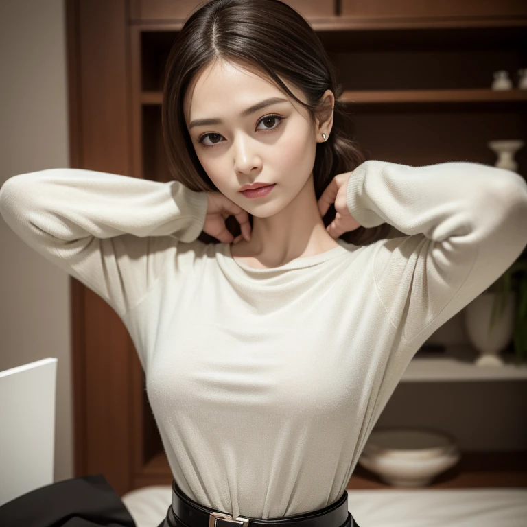 gravure, UHD, masterpiece, anatomically correct, super detail, best quality, 8k、 close-up photo with sharp focus 、 watches viewers:1.8、 elegant hairstyle 、housewife、Age 35、 is placed in the center of the screen、Long-sleeved plain t-shirt 、 long skirt with belt、 Bold Poses