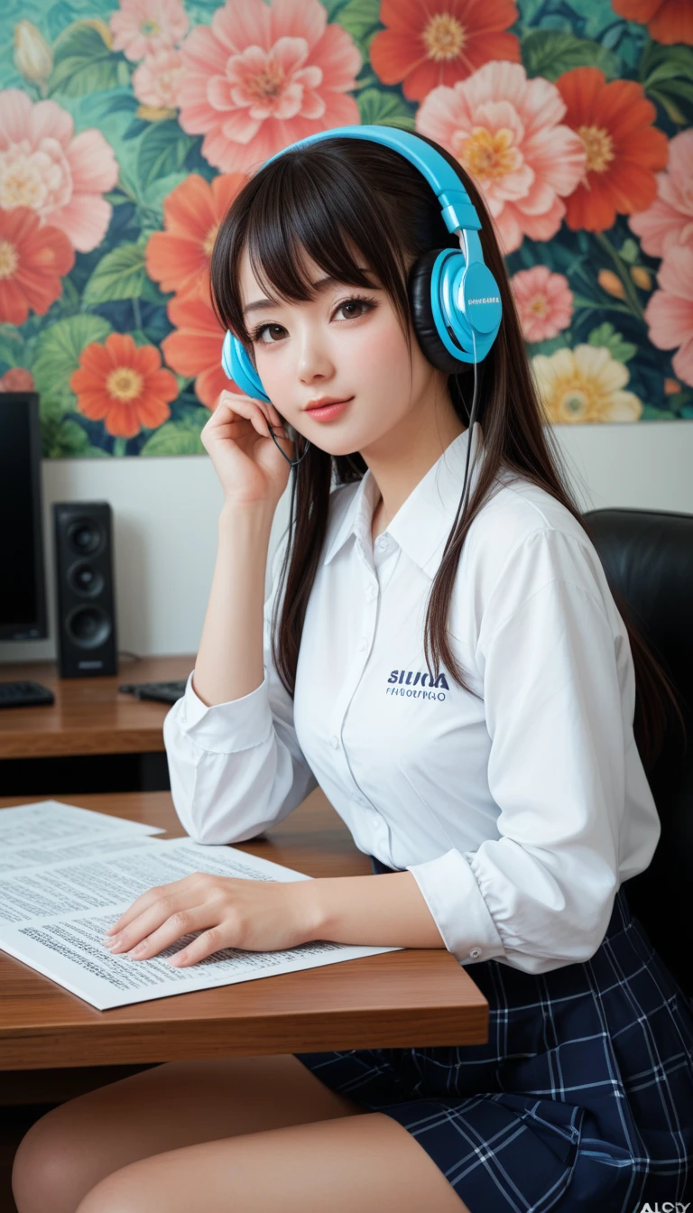 (Skin blemishes:1.2),1womanl, 21years old, (((femele))), (Skindentation), a gorgeous, 独奏, realisitic, top-quality, Photorealsitic, masterpiece, 8K, hight resolution, 独奏, extra detailed face, passport photo, fullface, (profetional lighting、bokeh dof), (light particules、lensflare、Luminous particles:0.6)、(dynamicposes:1.2)、Soft lighting、Fashionable and trendy atmosphere、((Look at viewers))、 (looking in camera)、(portlate:0.6)、is standing、full body Esbian、close up of face、(middlebreasts:1)、(The long-haired)、brown haired、Floating hair、nase、s lips、lipsticks、seducting smile、punk tshirt、denim skirt、fishnet tights、Big black headphones、Computer Desk、Computer Lab、Sitting in a gaming chair