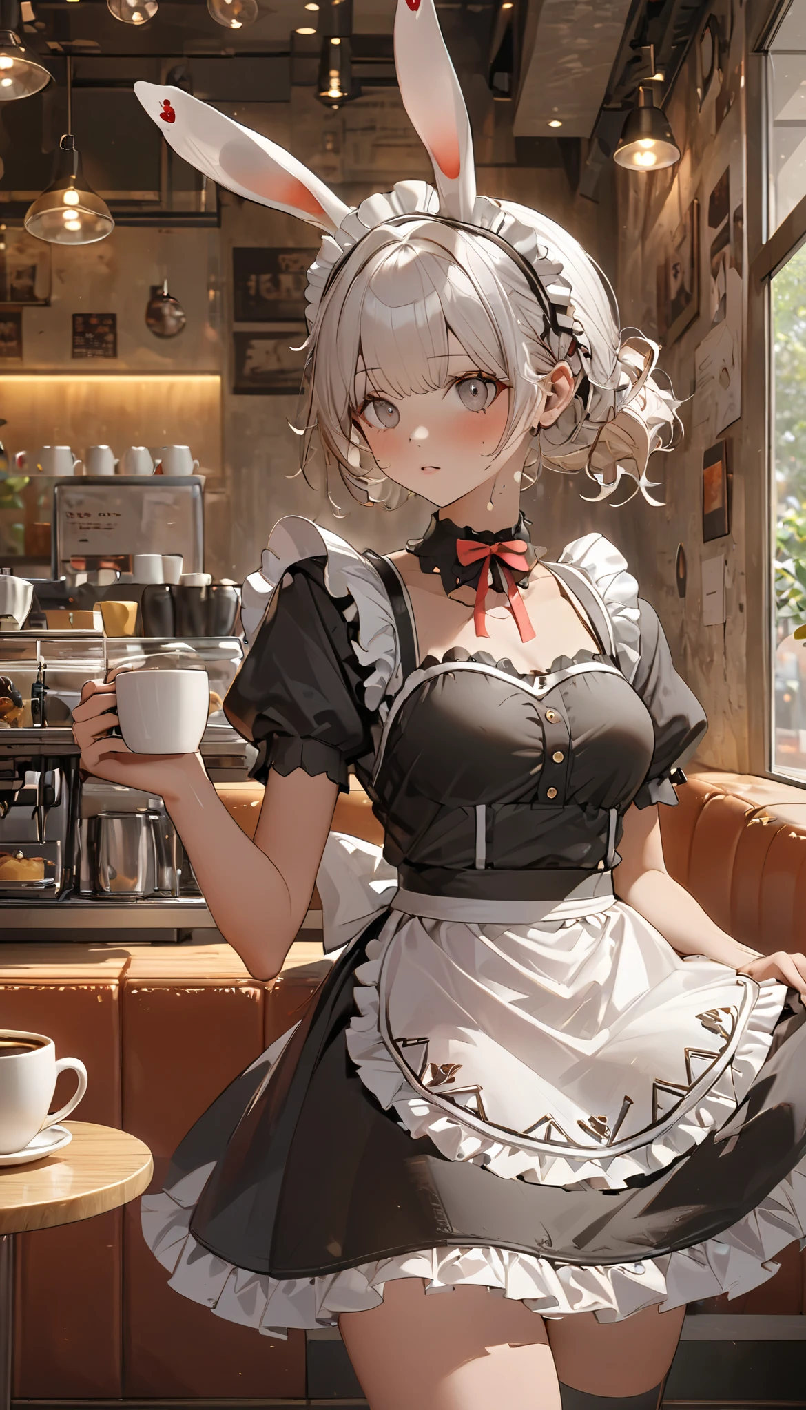 (((Best quality, 8k, Masterpiece: 1.3)), ((best quality)), ((masterpiece)), (detailed), perfect face, perfect body, (detailed skin:1.3), (intricate details), rabbit ears, maid, maid costume, maid apron, Taking a break in a cafe, coffee cup, drinking coffee