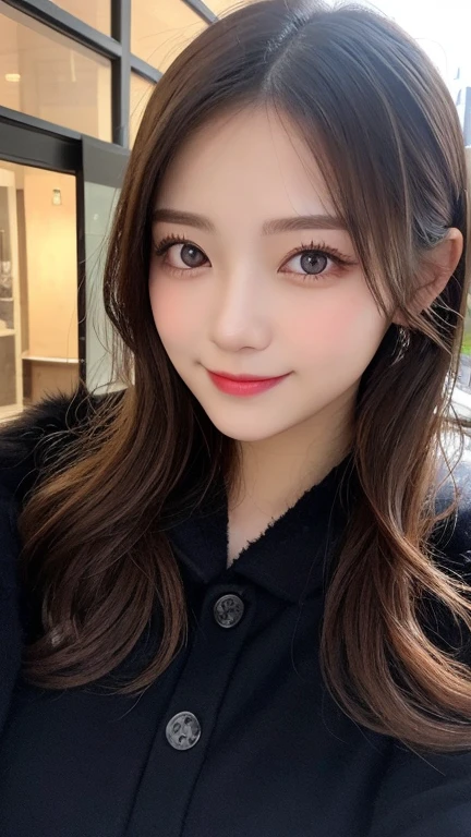table top, highest quality, shape, Super detailed, finely, High resolution, 8k wallpaper, 完璧なダイナミックな構shape, beautiful and detailed eyes, Gorgeous and stylish black fluffy latest trend Tokyo winter clothes,ランダムなcute髪,small breasts,natural color lip, bold sexy pose,smile、20 year old girl、cute、sexy shot looking at camera,Always blur the background,perfect and beautiful face,Take only the face,beautiful and detailed face、slim face and style,Big eyes、Do gal makeup,real photos、luxury brand mink coat