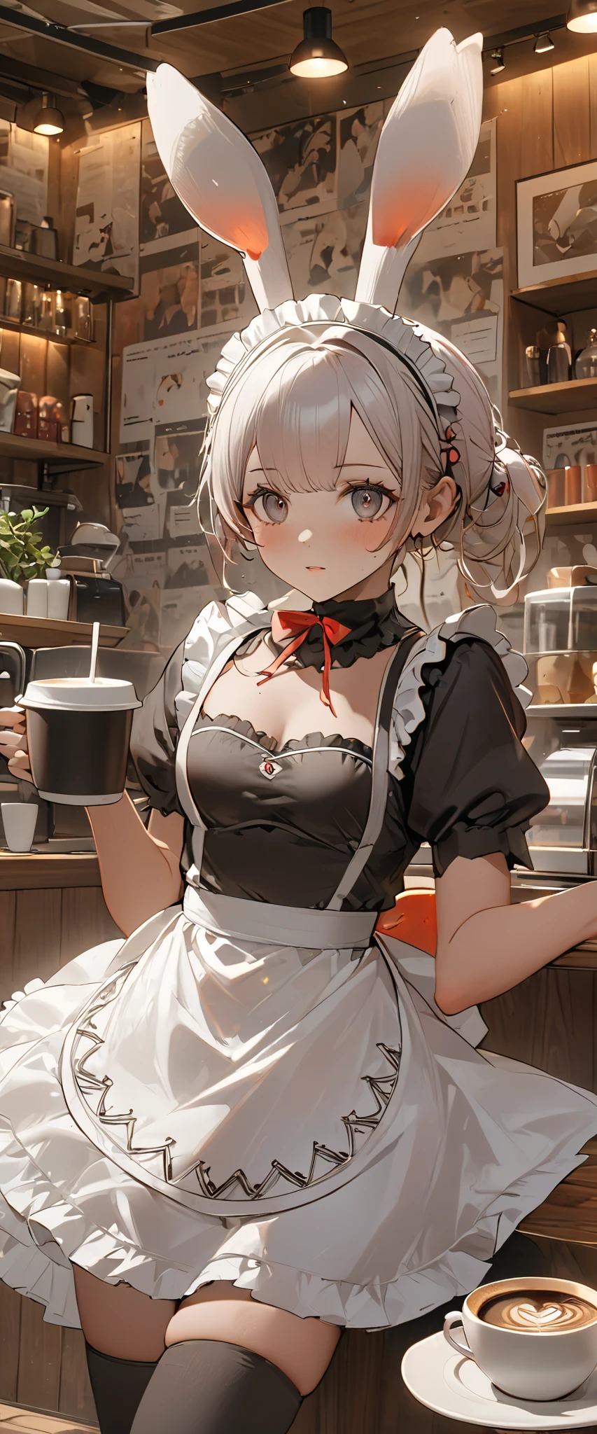 (((Best quality, 8k, Masterpiece: 1.3)), ((best quality)), ((masterpiece)), (detailed), perfect face, perfect body, (detailed skin:1.3), (intricate details), rabbit ears, maid, maid costume, maid apron, Taking a break in a cafe, coffee cup, drinking coffee