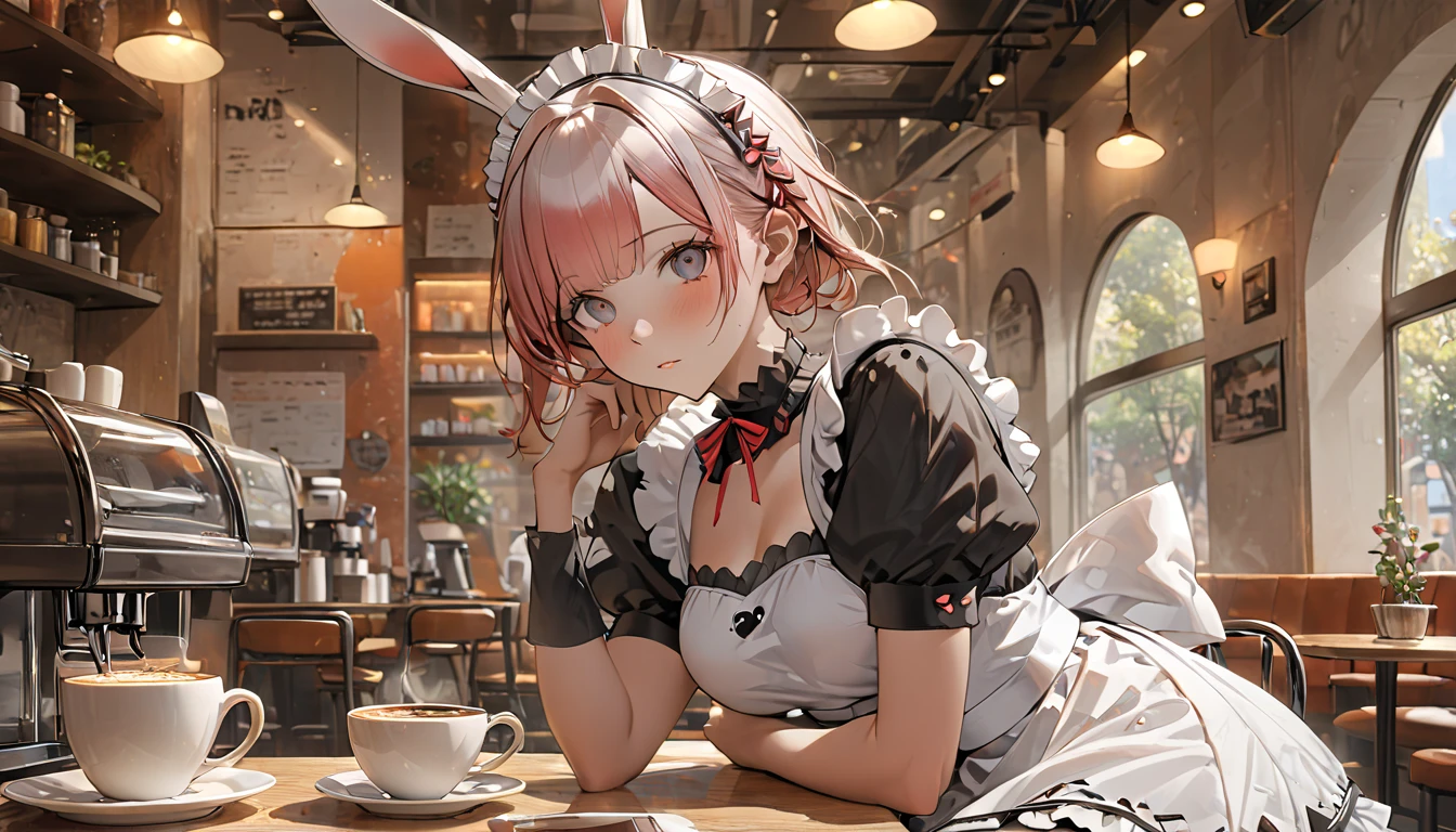 (((Best quality, 8k, Masterpiece: 1.3)), ((best quality)), ((masterpiece)), (detailed), perfect face, perfect body, (detailed skin:1.3), (intricate details), rabbit ears, maid, maid costume, maid apron, Taking a break in a cafe, coffee cup, drinking coffee