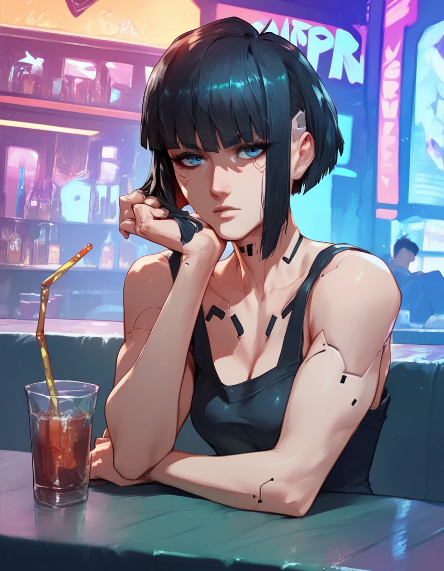 Cyberpunk anime girl, sittin on a bar table, sexy, bob haircut, black hair, blue eyes