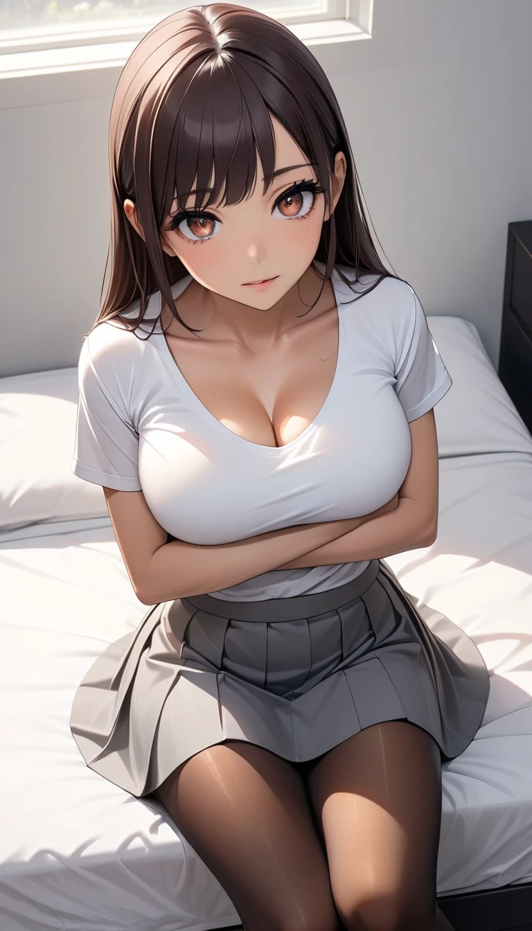  1 Woman ,  beautiful skin ,  fine skin,  glowing eyes, JK, 30 years old, beautiful woman, bangs, dark hair, long hair, brown eyes, cute eyes, medium breast, tight white tee shirt, black pantyhose, pantyhose, grey skirt, cleavage, bedroom, sitting, legs crossed, sit legs crossed, view from above, high angle view, holding her breast, breast rest on hands, breast grab, High Quality ,  high definition , masterpiece:1.2