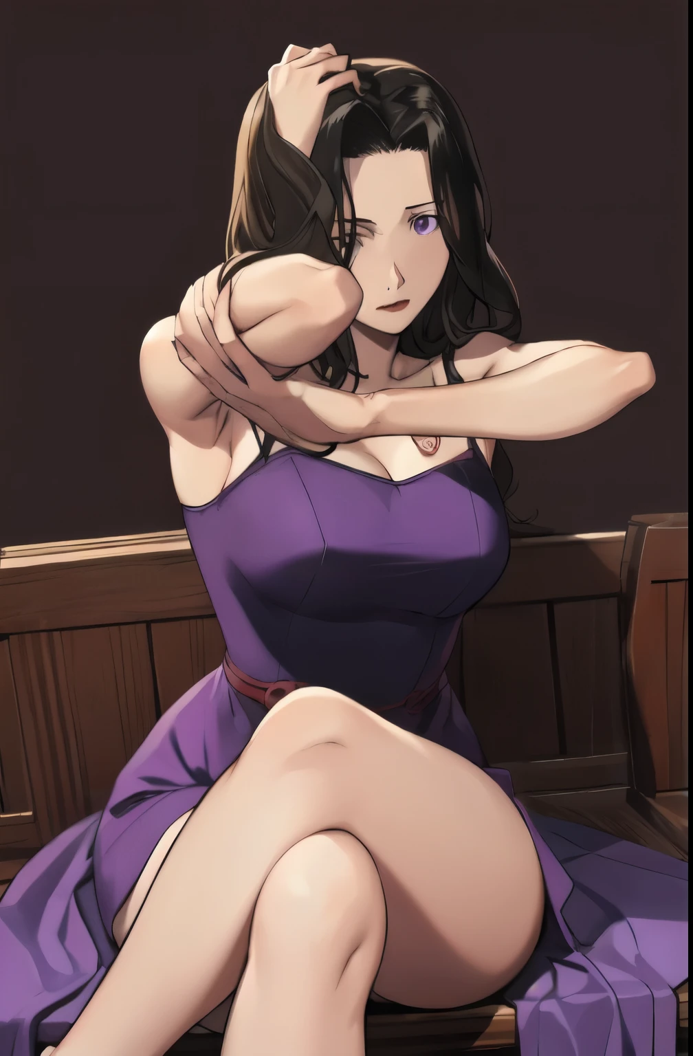 Fmasloth,  Purple  _  dress, sleeveless  dress,  bear shoulder sighted, Bareneck,  stretch to the upper arms  ,  lots of dark brown hair ,  long hair,  Purple  eyes, masterpiece,  top quality,  absurd,  look into the audience 、,  sweet expression that makes your breasts look bigger、Kissing Face、 country side background,  Fullmetal Alchemist style  , Breasts look bigger  、、 your legs are crossed、