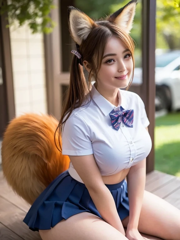 (( top quality, 8k)), ((masterpiece)), ( highest resolution),  perfect face, Woman with fox ears, Woman with a tail,  beautiful woman, She's a college student , It was taken in the schoolyard, Only one tail, She has thick thighs, Her big fox tail ,  her fox tail is visible , She wags her tail,  she's wearing a bow tie , She is wearing a school uniform,  Big Breasts ,  big hips, There is 1 tail growing on her butt ,  her fox tail is sticking out, Her tail is fox-colored,  Sexy Face,  stand on all fours 