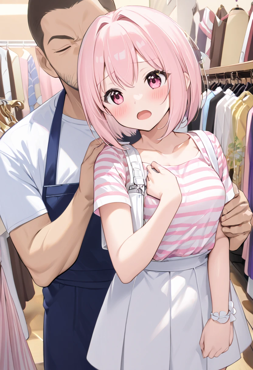  top quality、 anime painting、Round eyes 、 very young girl 、 very small breasts 、Long neck、Very thin body、Very slim legs、Glossy Light Pink Hair 、 、 short haired 、pink and white striped shirt 、 white miniskirt 、 I wear a white pouch over my shoulder、 apparel shop with clothes lined up、 1 middle-aged man、 facing each other 、(( Man Rubbing Girl's Chest ))、excited man、Open your hands、 open her mouth 、blush