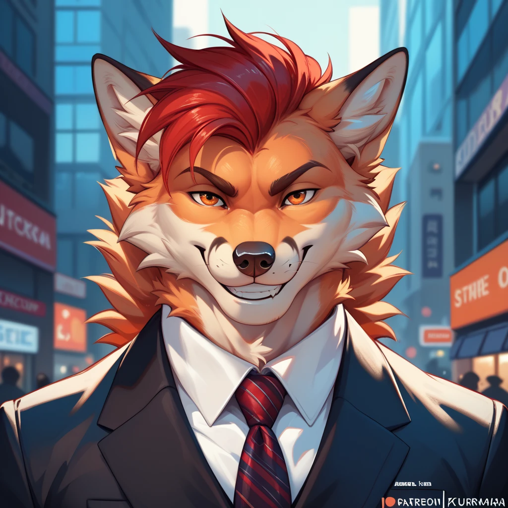 Kurama furry antrho muscular fox formal suit close to the body city orange fur eyes red blood red sexy smile look at the spectator 