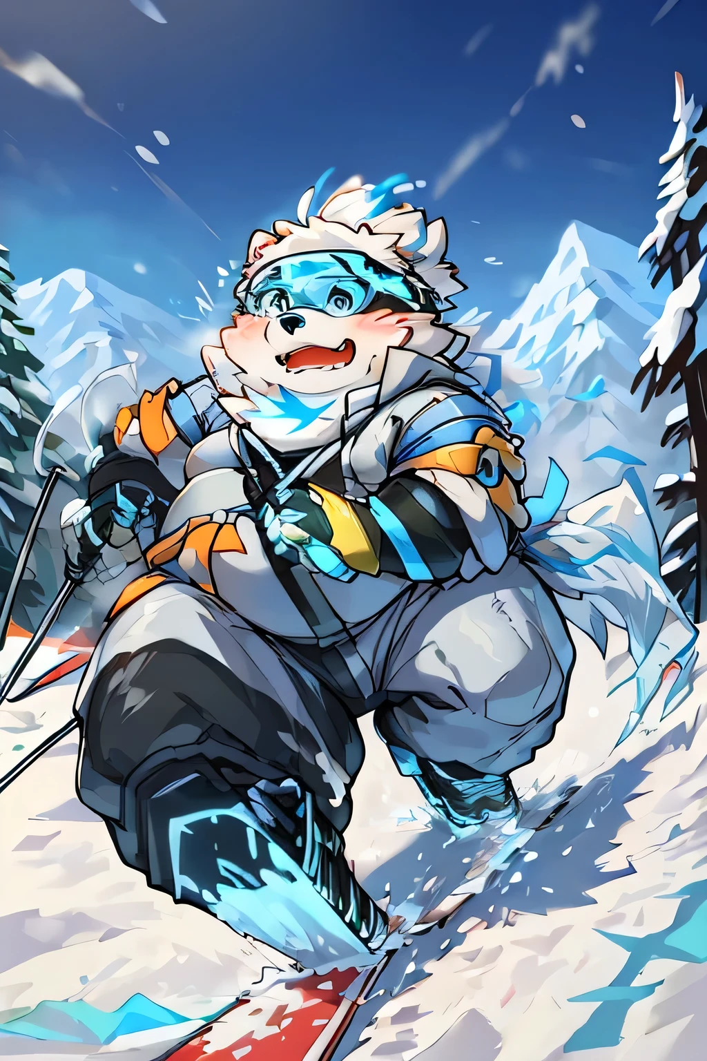 （（obesity、 Being overweight 、Being overweightのの顔 ））（（@mind_By Drive）Gained weight、Being overweight、Dog Beast Man、fur、Fluffy、 cute、(Yohack)blush)(Ski、Winter sports 、 snowy mountains、Powder snow 、Ski wear、Very warm figure 、lover、boyfriend）Hold the ski stock in both hands、Glide、 snowy mountains、Slopes、 winter jacket 、 LONG PANTS、 snowy mountains,  winter jacket , Ski goggles , Plaanding Ski, snow spray,  skiing ,  ski racing ,  sliding from peak to foot, In the full view ,  masterpiece  , and, full bodand like