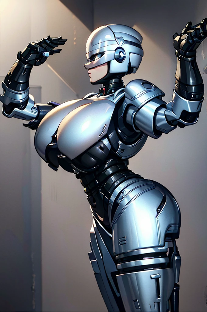 Female RoboCop, beautiful body, big breasts and butt, cornered against a wall, hands raised in surrender, frightened expression