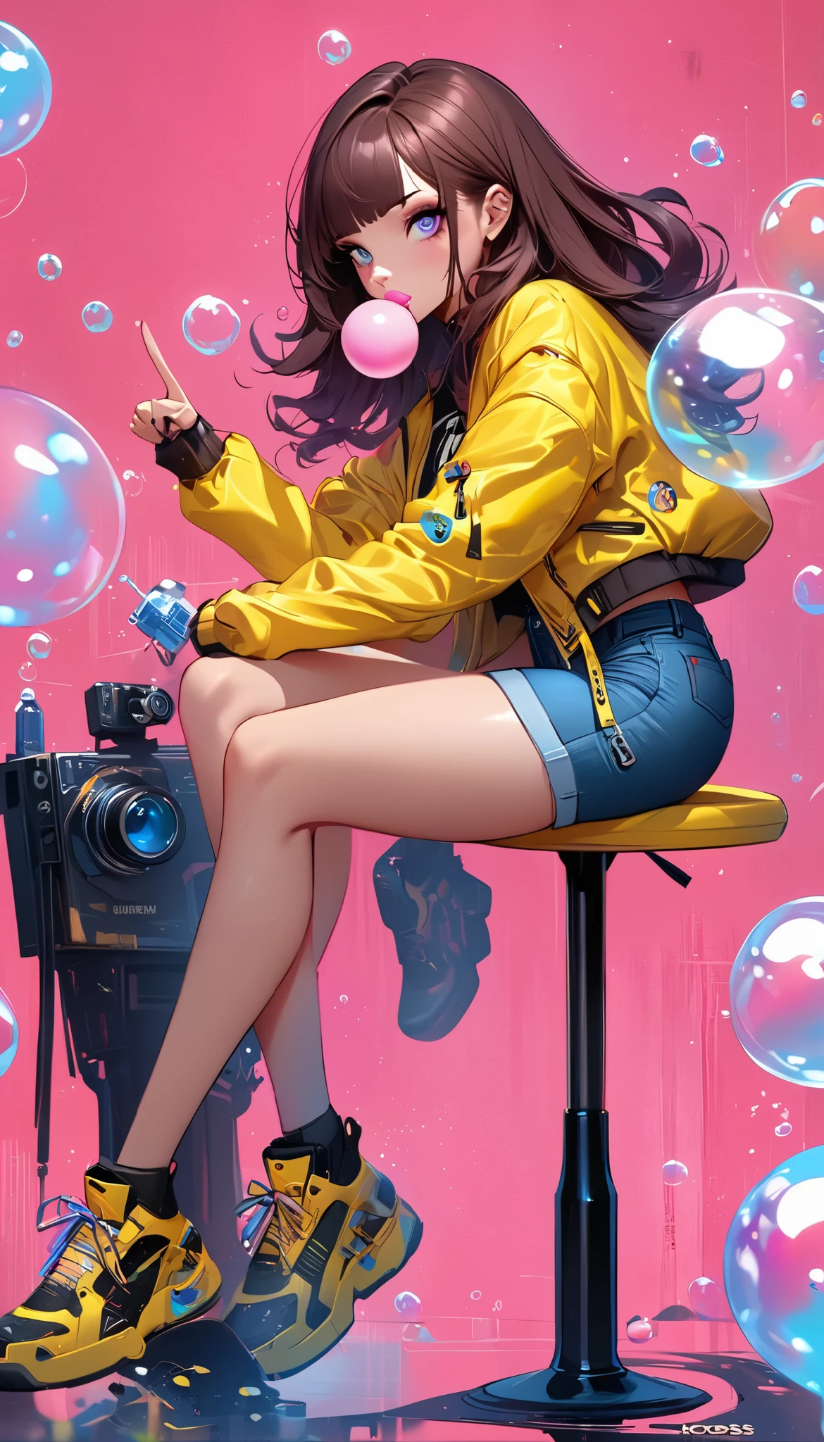 full body shot,  She looks at the camera from the side ,   false eyelashes a woman sitting on a stool making bubbles with the gum a yellow jacket with fallen men denim shorts,   she is sitting next to the camera with a raised hand making with her fingers the symbol of victory  , The other arm over the legs  ,   pink background chewing gum brown hair with movement  , Cyberpunk art by Ross Tran  ,   trend on Artstation , arte digital,   vibrant Rossdraws cartoons  , Style Ross Tran, in the style of Ross Tran, vibrant pastel Rossdraws ,   artwork in the style of Guweiz  , artgerm style,  ilya kuvshinov with long hair 