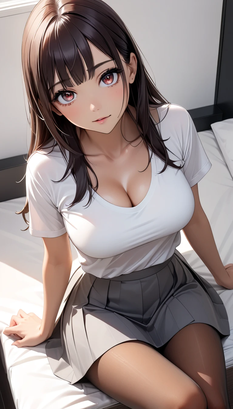  1 Woman ,  beautiful skin ,  fine skin,  glowing eyes, JK, 30 years old, beautiful woman, bangs, dark hair, long hair, brown eyes, cute eyes, medium breast, tight white tee shirt, black pantyhose, pantyhose, grey skirt, cleavage, bedroom, sitting, legs crossed, sit legs crossed, view from above, high angle view, beige bra peek, bra peek, High Quality ,  high definition , masterpiece:1.2