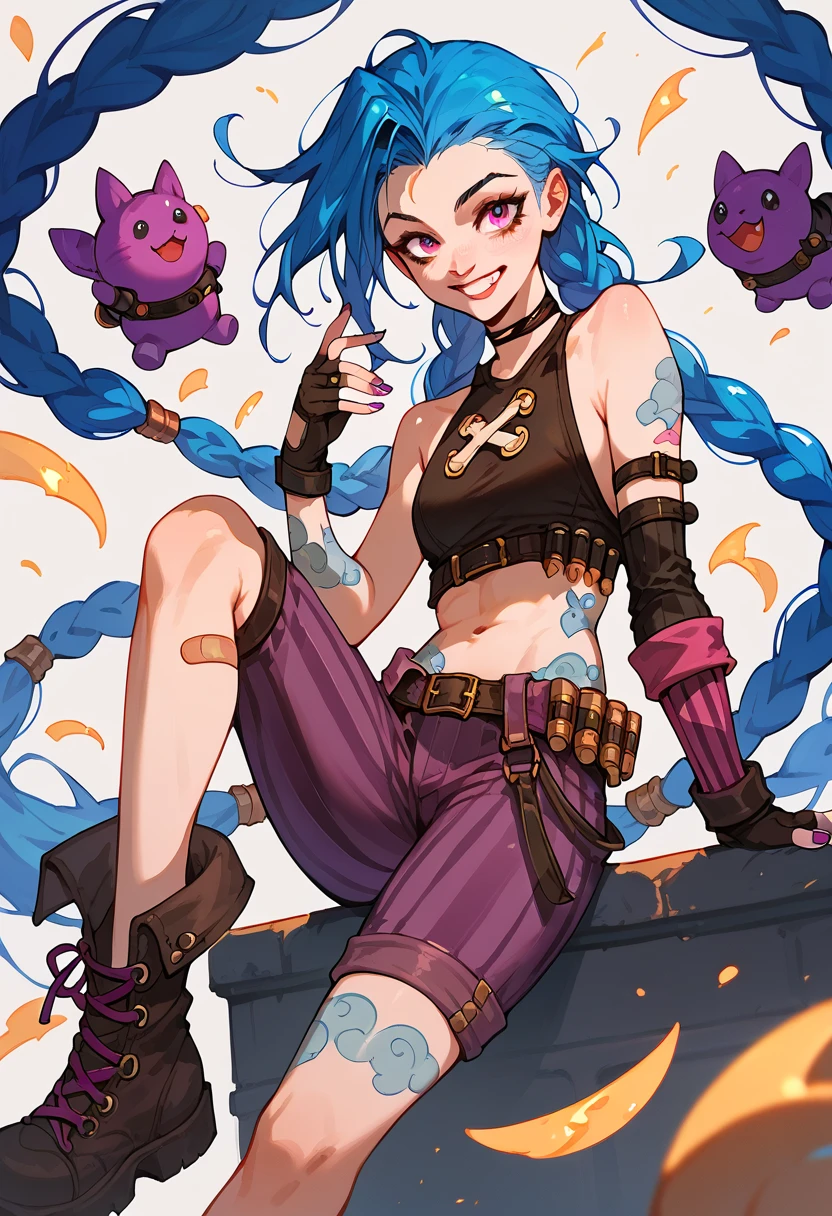 1girl, smiling, happy, long hair, twin braids, bare shoulders, choker, crop top, fingerless gloves, detached sleeves, single sleeve, midriff, belt, nail polish, tattoo, bandaid on leg, pants, boots, striped