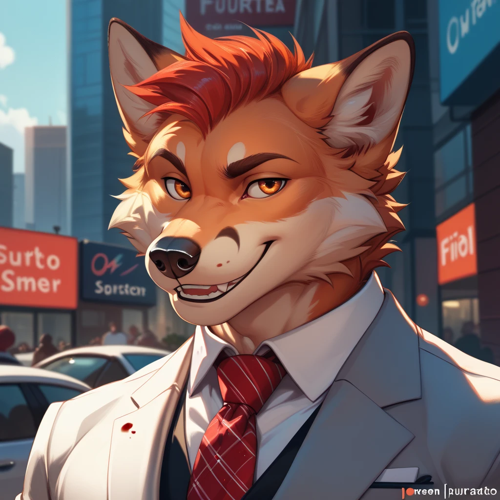 Kurama furry antrho muscular fox formal suit close to the body city orange fur eyes red blood red sexy smile look at the spectator cuerpo completo 