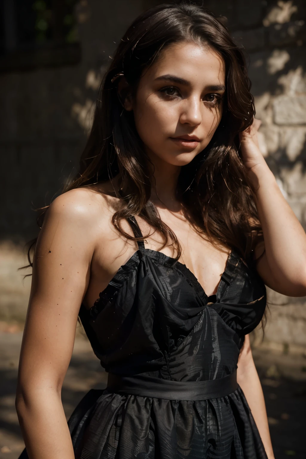 ((best quality)), ((masterpiece)), (detailed), 13-year-old girl, sheer tight off-shoulder dress, in a dark street, 