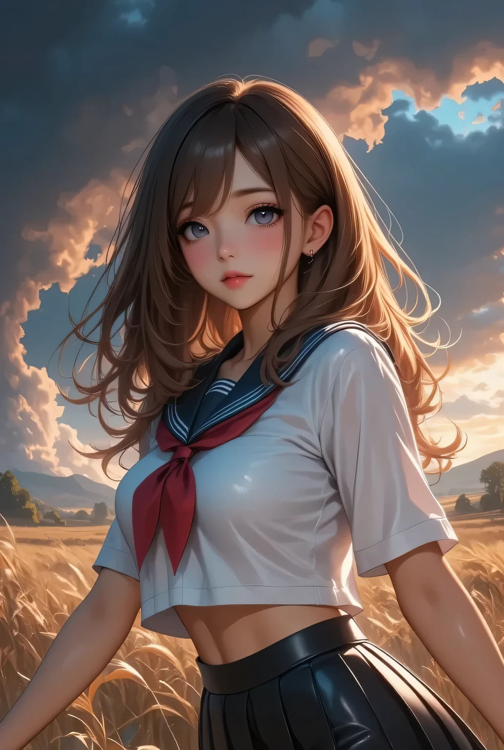  Girl in a sailor suit,  beautiful detailed eyes, beautiful fine lips ,  very detailed faces and hair ,  has long eyelashes, ( Japanese high school uniform ,  sailor suit,  pleated skirt, Red ribbon), Twister,  Tornado, wind, Dramatic Sky, Dark Clouds, Supernatural Powers,  action,  Hero's Pose  :1.331,  bright color,  intricate details ,  realistic ,  Cinematic Lights ,  High Quality , Detailed works, 