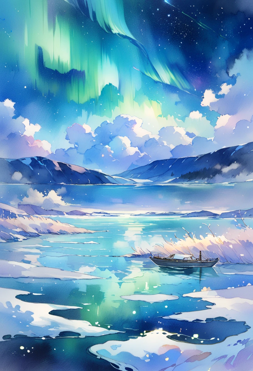 clouds and starry sky over the sea with Northern Lights, dreamy landscape in watercolors 