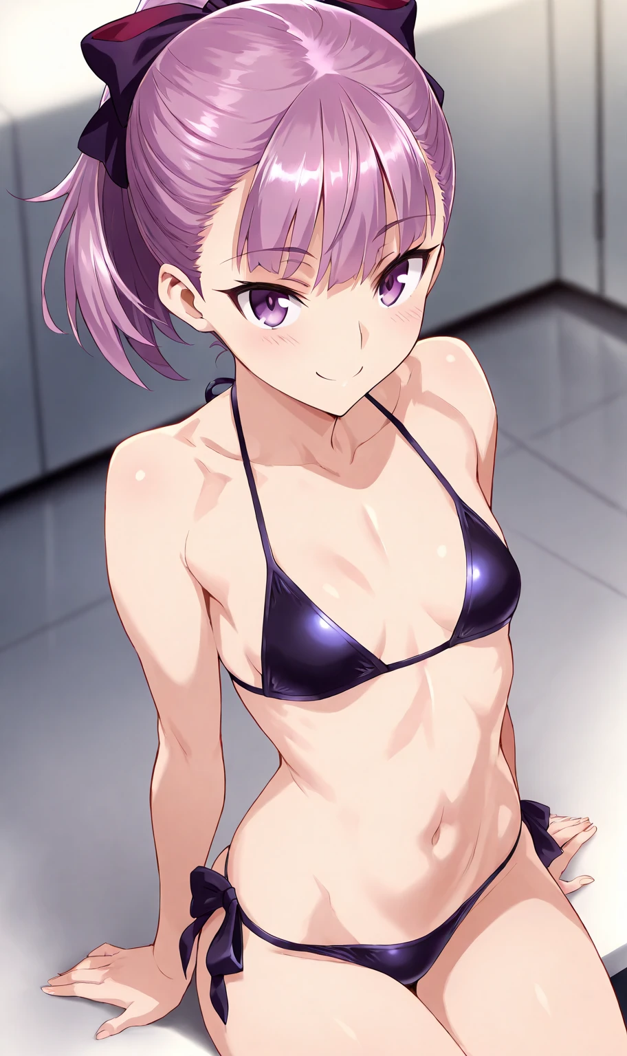 high resolution, masterpiece, necessary, detail, best quality, quality, necessary, tall details, High details, precise, general plan, 

1 girl, Ufotable style, ufotable anime, smile

Helena Blavatsky (Fate), Helena Blavatsky fate grand order, fate, fate grand order, short hair, purple hair, purple eyes, small breasts, black bikini, ponytail