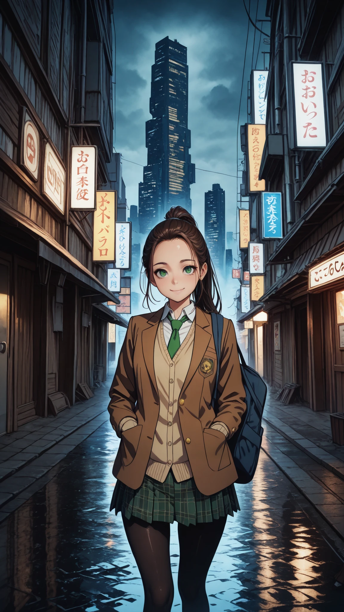 nsfw, masterpiece, best quality,amazing quality, semi-realistic detailed CG, ultra-detailed,Sharp Focus, high contrast, 1girl, detailed green eyes, slightly smile, detailed semi-long hair, dark brown silky hair,  forehead, sliced back hair, side ponytail, contrapposto, Captivating thighs, uniform, brown blazers, (hads in pocket, unbutton), Green tie, Plaid Pleated Skirt, black tights, rainy cyber city, at night