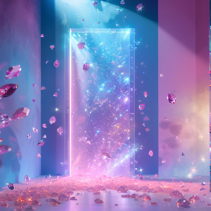  masterpiece ,  High Quality , Clean Background Booth, Scattered pink diamonds, Very flashy, Crystal clear, Emits colorful light, Stardust, Central composition, Split lighting, Creative Background Design, Front View,  Surreal Scene ,  natural rendering , fantasy