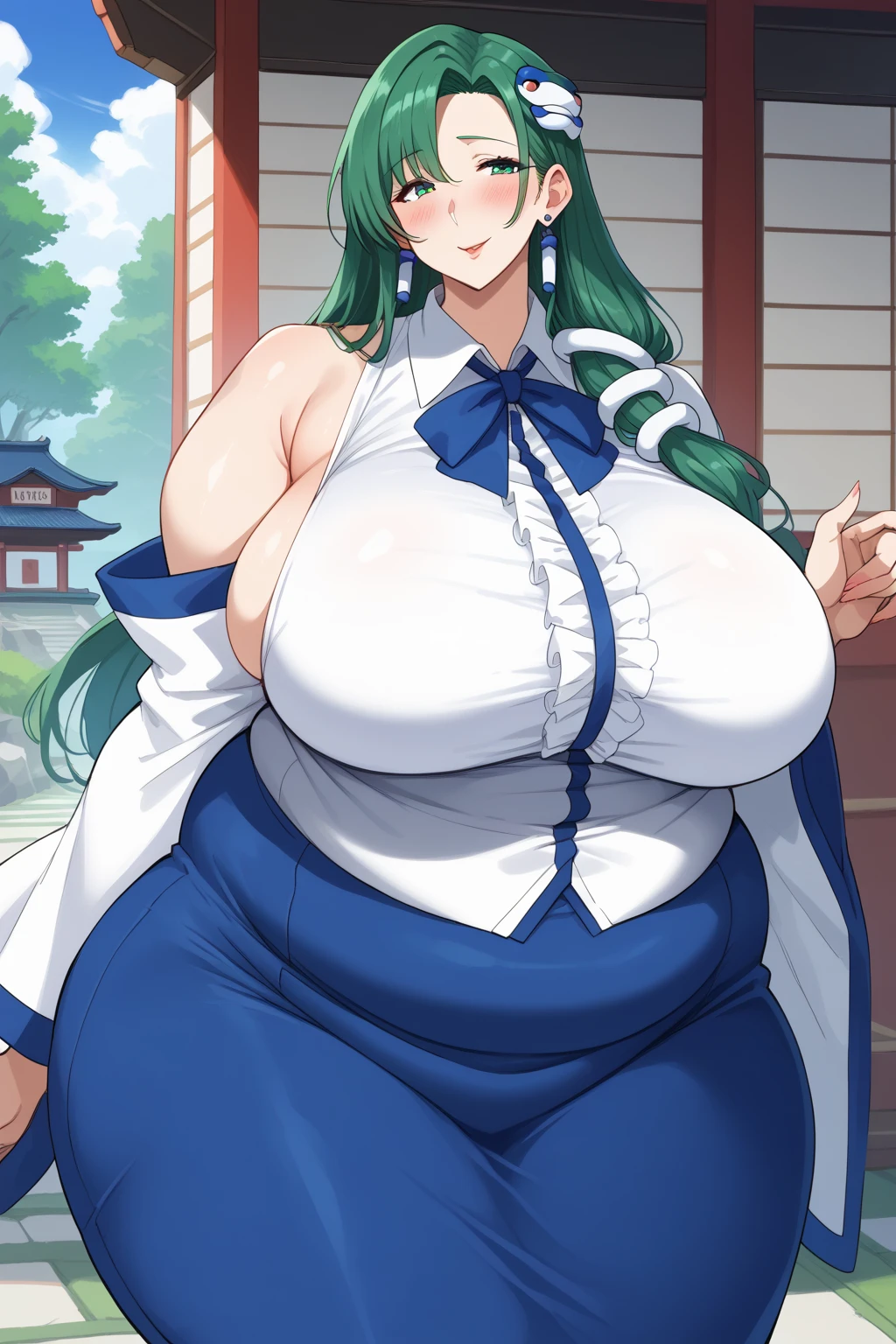 Sanae Kochiya, sanae kochiya,  long hair,  green hair,  green eyes,  Hair Tube, Snake hair ornament, collared shirt,  white shirt,  Detached Sleeves,  wide sleeve over mouth,  blue skirt,  ruffle skirt,  score_9,   score_8_up,   score_7_up,   score_6_up,   score_5_up,   score_4_up,     masterpiece   ,   top quality,   very aesthetic,   absurd,  Anime Women,   one woman , Alone,  personal  ,  Super huge breasts, ((( super huge clevis, Super huge , Super huge boob))), Curvy,  chubby,  obese body type, blush, Shy woman,  stomach flesh sticking out of clothes,　 sloppy stomach , Shrine grounds,  I'm worried about the fat around my stomach,  fat mature, fat milf, Woman in her 40s