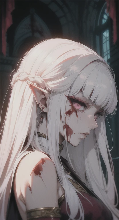 Long  bloody White hair, pink eyes, Saria, blood everywhere, Sheikah, cruel princess covered in blood, ancient Hyrule, looking at viewer blankly, blushing, blood on her face, side view, blood dripping, blood, blood,