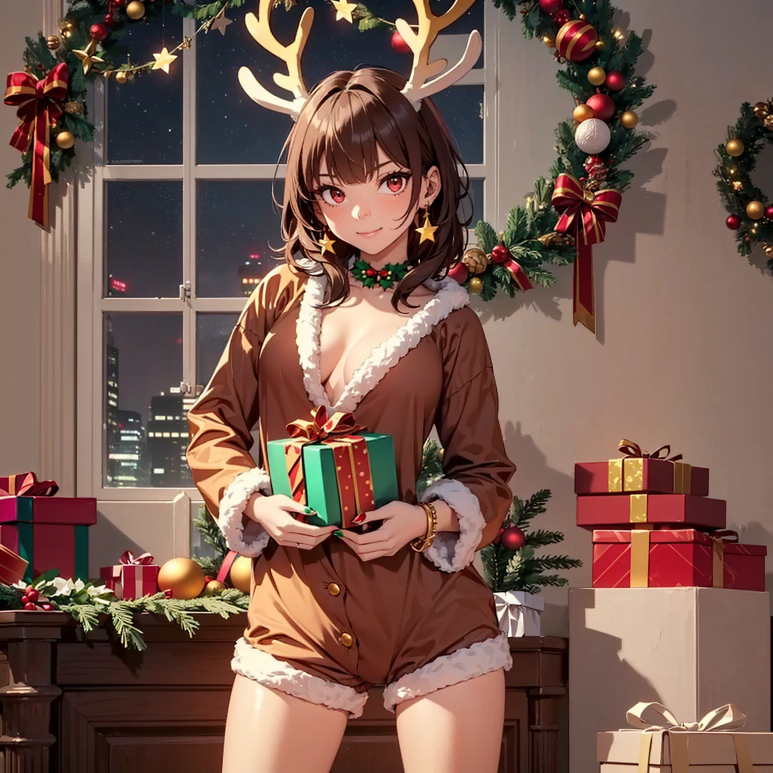 ((1girl, solo ,alone, megumin, short hair, red eyes, brown hair, ((short woman, small bust, tiny breasts, tiny bust, small breasts)), painted nails, gold bracelets, ruby earrings)), ((solo, 1woman, pink lipstick, Extremely detailed, ambient soft lighting, 4k, perfect eyes, a perfect face, perfect lighting, a 1girl)), austere, ((fitness, , shapely body, athletic body, toned body)) ,   ((reindeer costume, santa's reindeer, reindeer pajamas, reindeer babydoll, short nightgown with matching shorts, high heels, christmas trees, christmas decoration, wreaths, gifts, window, night, stars, smug smile, neckline, cleavage, natal, long socks, reindeer antlers, reindeer antlers, pantyhose))