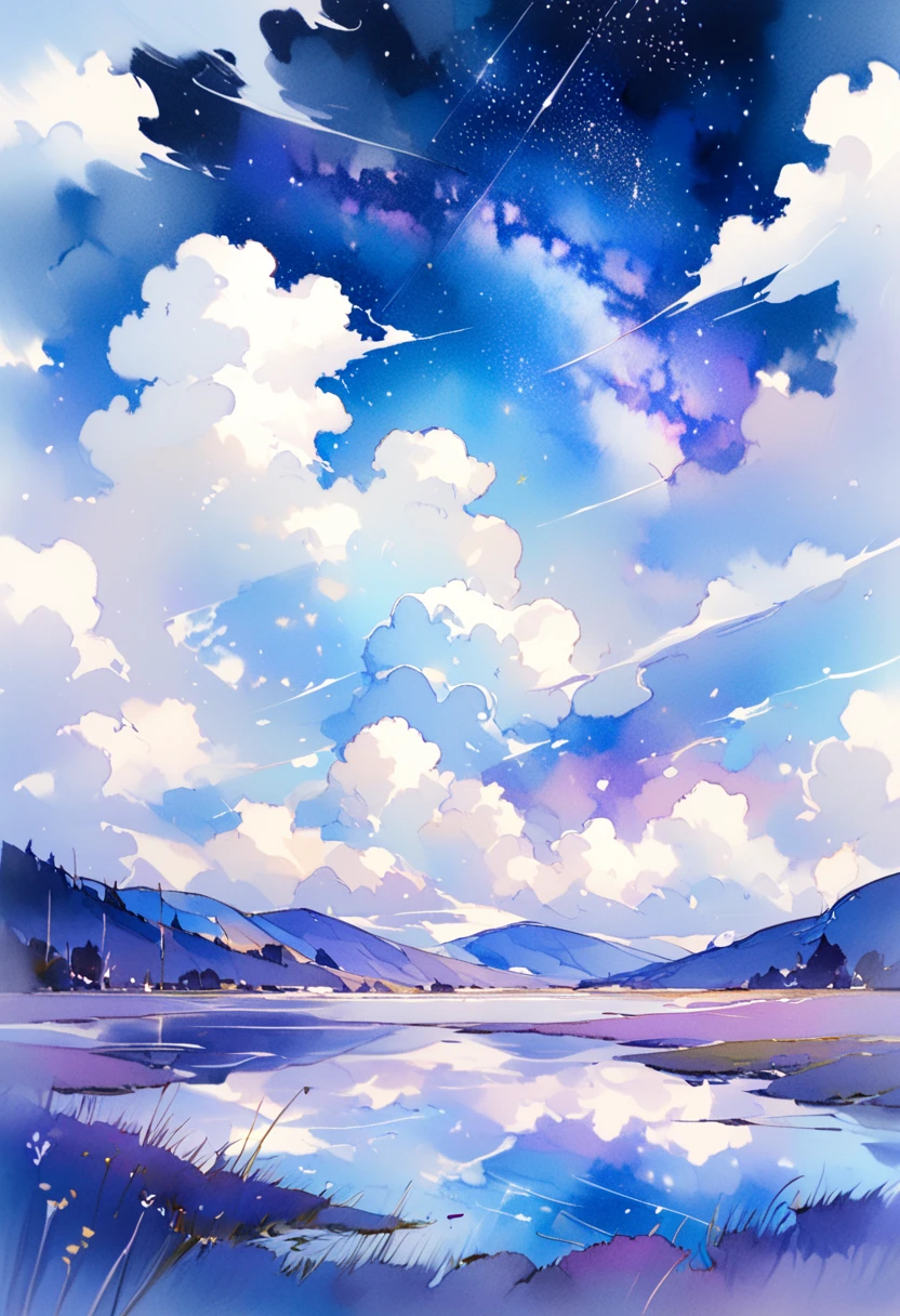 clouds and starry sky, dreamy landscape in watercolors 