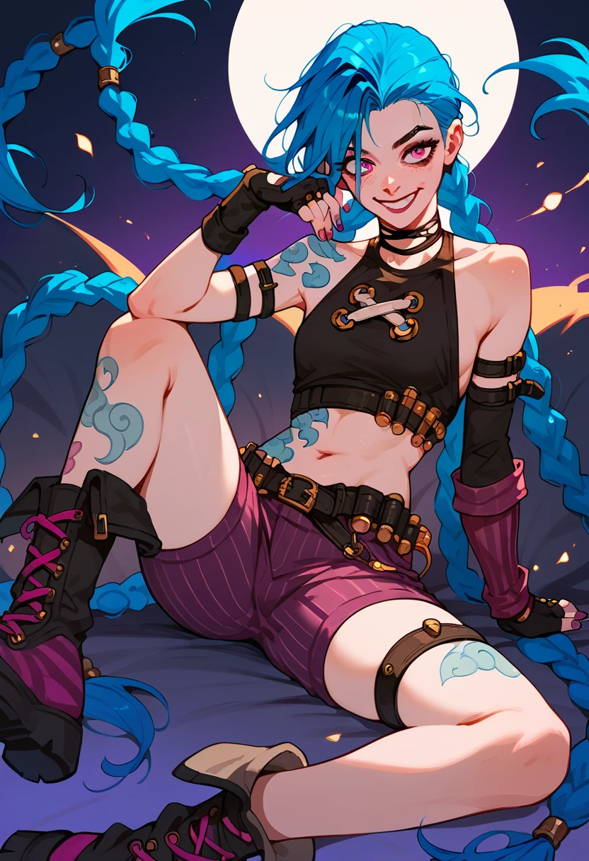 1girl, smiling, long hair, twin braids, bare shoulders, choker, crop top, fingerless gloves, detached sleeves, single sleeve, midriff, belt, nail polish, tattoo, bandaid on leg, pants, boots, striped