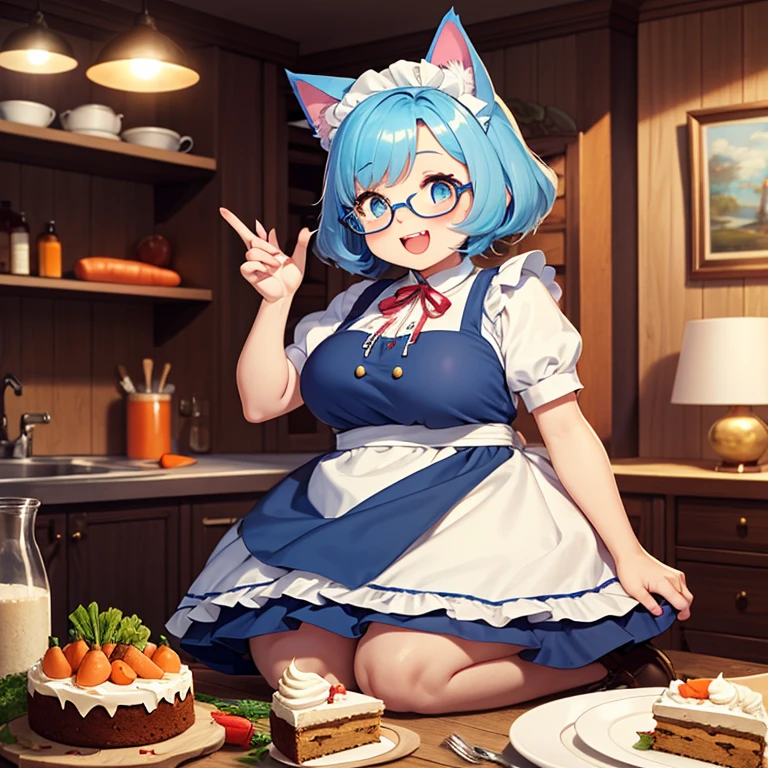 Obese Woman、 Shortcut,  light blue hair,Glasses,blue maid clothes,Cat ears,Lots of carrot cake, sitting, with bells attached to their beaks,cute western style room background、 show your teeth and laugh, 