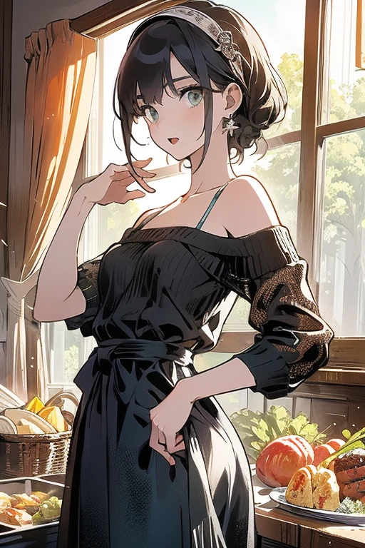(small breasts:1.3), (perky chest:1.1), (pointed chest:1.0), (fashion magazine cover:1.3)，(from below:1.0),(from side:0.9),masterpiece, 1girl, Amazing Cleavage:1.1, thin waist, big ass, Raised sexy, small breast: 1.3, posed cleavage:1.2、solo, looking at viewer, open mouth, have a cute grass of cute beergrass,black hair, dark green eyes, dress, bare shoulders, jewelry, collarbone, sidelocks, hairband, earrings, indoors, off shoulder, :o, sweater, arms behind back, plant, short hair with long locks, gild hairband, off-shoulder dress, sweater dress, off-shoulder sweater, red sweater, dark gord hair, big side hair, very long side hair,is rendered in (masterpiece: 1.2, best quality), wit? (ultra high resolution) and an exquisite (depth of field). This masterpiece is not only visually stunning but also tells,A scene of cooking in the kitchen by classroom 