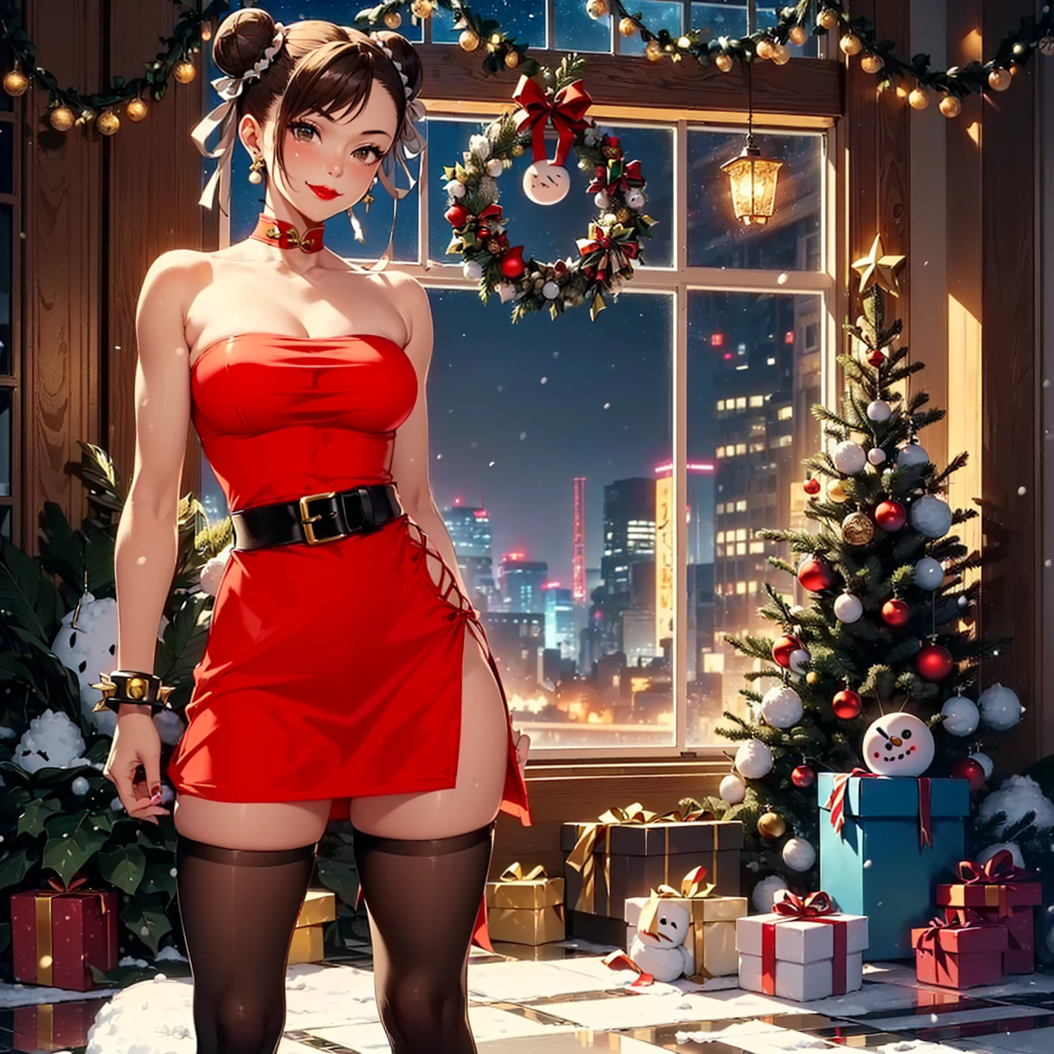 ((1girl, solo ,alone, ((chun-li, chunli, brown hair, muscular thighs, (sf2 chun, sfa chun, sf5 chun, sf6 chun), toned thighs, hair up, hair bun, high bun,  hair buns, brown eyes)), gold bracelets, ruby earrings)), ((solo, 1woman, red lipstick, Extremely detailed, ambient soft lighting, 4k, perfect eyes, a perfect face, perfect lighting, a 1girl)), austere, ((fitness,, shapely body, athletic body, toned body)), ((wearing Santa Claus costume, Christmas dress, wearing red, wearing Santa Claus, Santa Claus costume, Christmas tree, gifts, Christmas decoration, Christmas hat, snow, strapless dress, red dress, smug smile, black belt, snowman, window, night, smug, jade, red lipstick, , marble floor))
