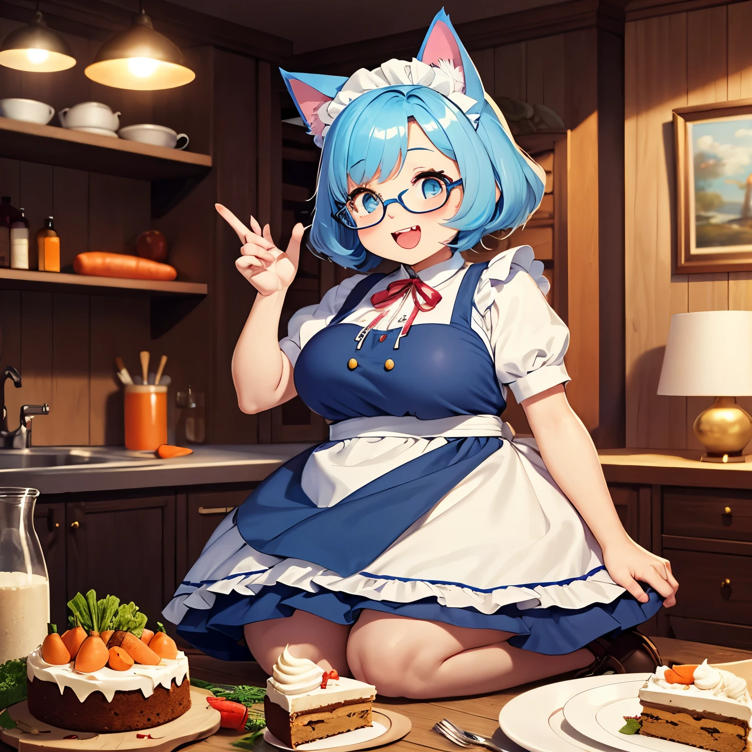 Obese Woman、 Shortcut,  light blue hair,Glasses,blue maid clothes,Cat ears,Lots of carrot cake, sitting, with bells attached to their beaks,cute western style room background、 show your teeth and laugh, 