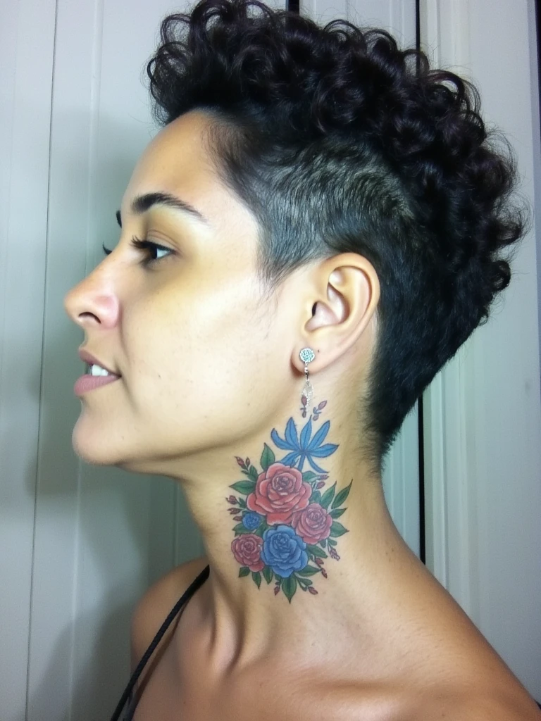  there is a woman with a tattoo of beautiful blue ,  small chrysanthemums and some roses of different colors decorating the word "ArtesaNature"  that is written with cursive font and capitular on the neck ,  short haircut nas laterais,  short haircut, one side haircut,  short curly hair on the top ,  short hair on the sides of the head , shaved sides,  short haircut, half  shaved haircut,  hair shaved at the temple ,  shaved haircut, shaved sides short top, short hair with gel,   Cut hair cut  