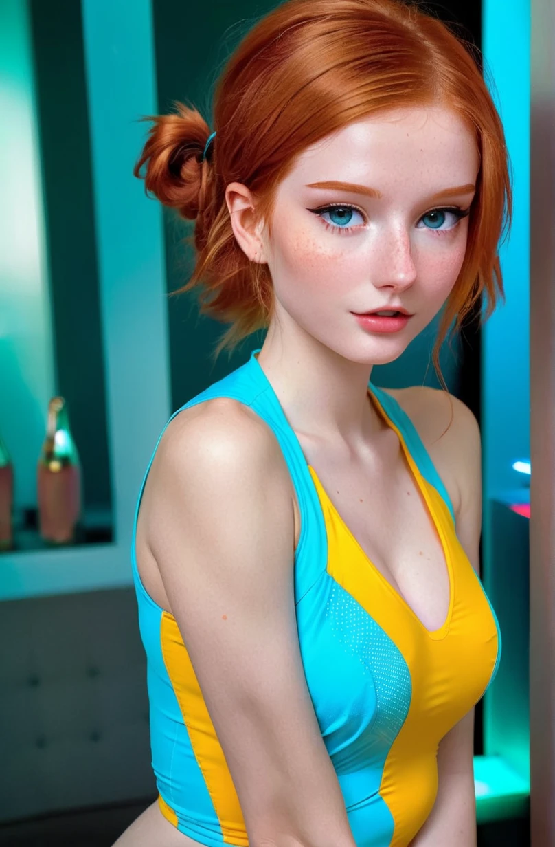 1 girl, solo, (cute 16-year-old redhead EmmaStone in twin tails), Ukrainian, multiple (luminous rainbow colored hair: 1.2), ((perfect body: 1.6)) (beautiful detailed eyes: 1.6), (photo realistic eyes: 1.6), (ice-blue, "Emma Stone" type, eyes: 1.6), happy and smiling, (petite gymnast body), ((gymnast body, beautiful full round breasts, small head, dainty hands: 1.6)), (shy cute pose), (pale white skin), ((pastel purple cotton leotard: 1.6)), with (smooth pantyhose leotard: 1.6), (dark, tron style background), high tech, (wide angle lens), colorful neon lighting, ((very dark sky)), futuristic city, photo realistic, hyper detailed.