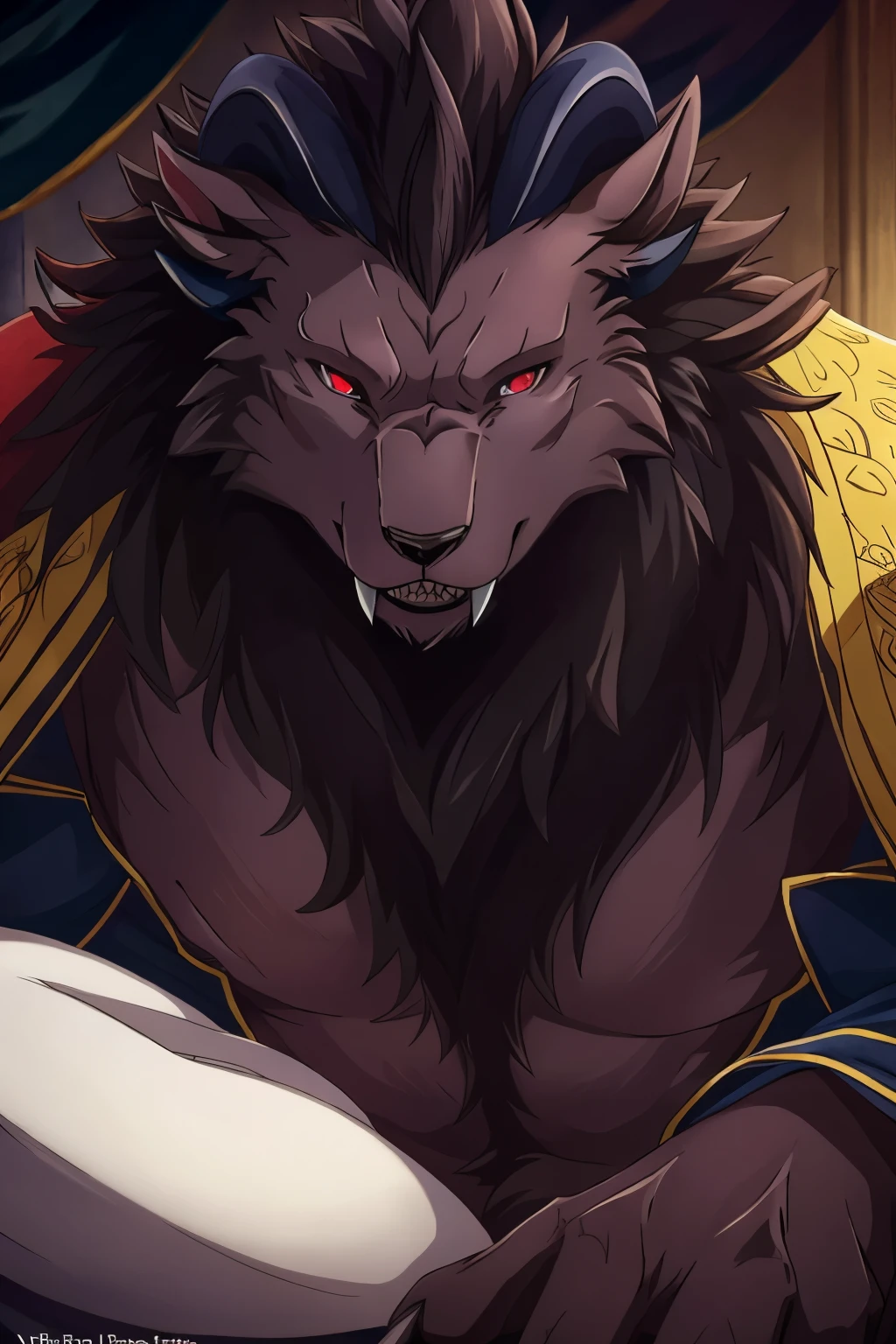 (Best quality, 32К HDR:1.2, ultra detailed, Realistic, photoRealistic, Masterpiece,) Official art, sacrificial princess and king of beasts, full body view, I look at the viewer, One, Male, Beautiful, majestic beast, dark lilac brown fur, black mane, Majestic King, King Leonhart, muscular body, crimson eyes, serious look , small ears, curved back black horns, long upper teeth, Niehime kimono, (detailed Realistic image:1.3), (detailed eyes, beautiful expressive eyes:1), (hyper Realistic fur:1.2), (detailed fur:1. ( detailed face:1) muffled light: 1.2) Masterpiece, Best quality, ultra Realistic ( 8K, UHD, Gorgeous light and shadows, Detailed face image, top quality, Masterpiece, Ultra-high detail, Official art, very detailed, deep shadows, dynamic shadows, HDR, deep sharpness, ultra detailed fur, maximum focus, depth of field, perfect lighting, easy, Highest quality, ultra detailed body, cinematic, sharp focus, Correct anatomy, right hands, right hands, correct head, basic background, on bed, lying down, shirtless, naked, visible penis