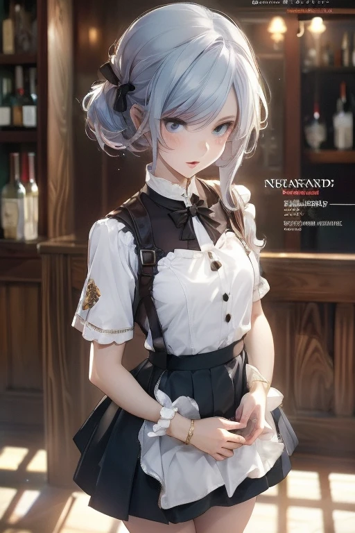 (from above:1.2,Best Quality),a girl , platinum color hair、(from above:1.2,Best Quality),a girl , platinum color hair、bartender uniform,Purplish blue eyes that dreamers desire, small stature, medium , Lori face, (masutepiece:1.2, Best Quality), (finely detailed beautiful eye: 1.2), (beautifull detailed face), (perky chest:1.2), (pointed chest:1.1), (bratender magazine cover:1.5)，(Best Illumination, extremely delicate and beautiful), sexy pose,make a coffee , in a bar counter, morning light, Short bob hair（1:3）,Ultra Contrast、Braid a little around the ears, black bartender uniform dress、Sexy and qute pants、You can't see inside your underwear,mocking look、nffsw,Arms crossed、grab the arm、Shoot 、breastuscular pussy、little Pubic hair,high-level image quality、hightquality、8K,perfect hand、5 fingers、finger pin、Perfect Finger,noise cut、Her hair color should have been a brighter blue,(The bartendre skirt dress part is also carefully expressed:1.4)、the skirt is floating in the wind:1.2、Dark purple panties,(with sparkling eyes and a contagious smile),open mouth, highest quality, high resolution,Real World, Natural light,perfect Natural light, Looking at Viewer,