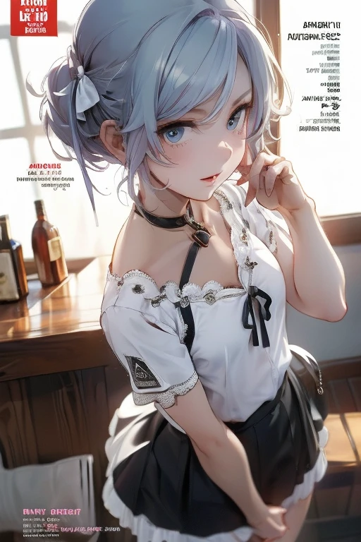 (from above:1.2,Best Quality),a girl , platinum color hair、(from above:1.2,Best Quality),a girl , platinum color hair、bartender uniform,Purplish blue eyes that dreamers desire, small stature, medium , Lori face, (masutepiece:1.2, Best Quality), (finely detailed beautiful eye: 1.2), (beautifull detailed face), (perky chest:1.2), (pointed chest:1.1), (bratender magazine cover:1.5)，(Best Illumination, extremely delicate and beautiful), sexy pose,make a coffee , in a bar counter, morning light, Short bob hair（1:3）,Ultra Contrast、Braid a little around the ears, black bartender uniform dress、Sexy and qute pants、You can't see inside your underwear,mocking look、nffsw,Arms crossed、grab the arm、Shoot 、breastuscular pussy、little Pubic hair,high-level image quality、hightquality、8K,perfect hand、5 fingers、finger pin、Perfect Finger,noise cut、Her hair color should have been a brighter blue,(The bartendre skirt dress part is also carefully expressed:1.4)、the skirt is floating in the wind:1.2、Dark purple panties,(with sparkling eyes and a contagious smile),open mouth, highest quality, high resolution,Real World, Natural light,perfect Natural light, Looking at Viewer,