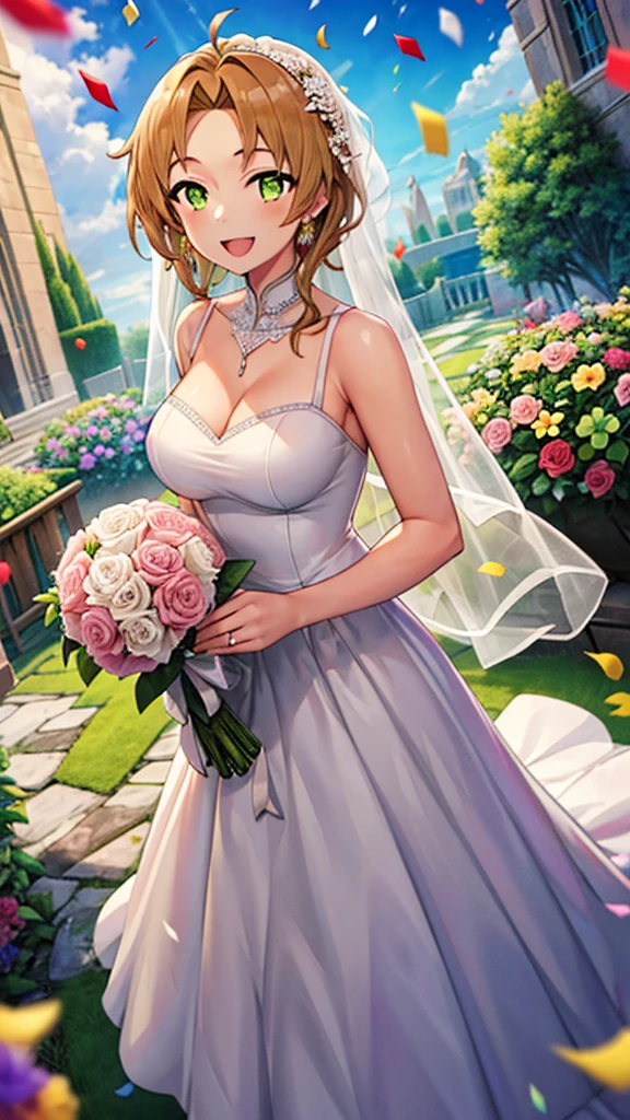 (highest quality, masterpiece:1.2), (realistic:1.3),, (ultra-detailed background, detailed background), Bokeh,, , Gorgeous Prom Dresses, gorgeous prom dresses, Wedding dress, bridal veil, bridal gauntlet, bridal cascade bouquet,, Upper body,, wedding in church,, , 1 girl, cute, teenage, take a pose, smile,, dynamic angle, dynamic pose,, , very long hair