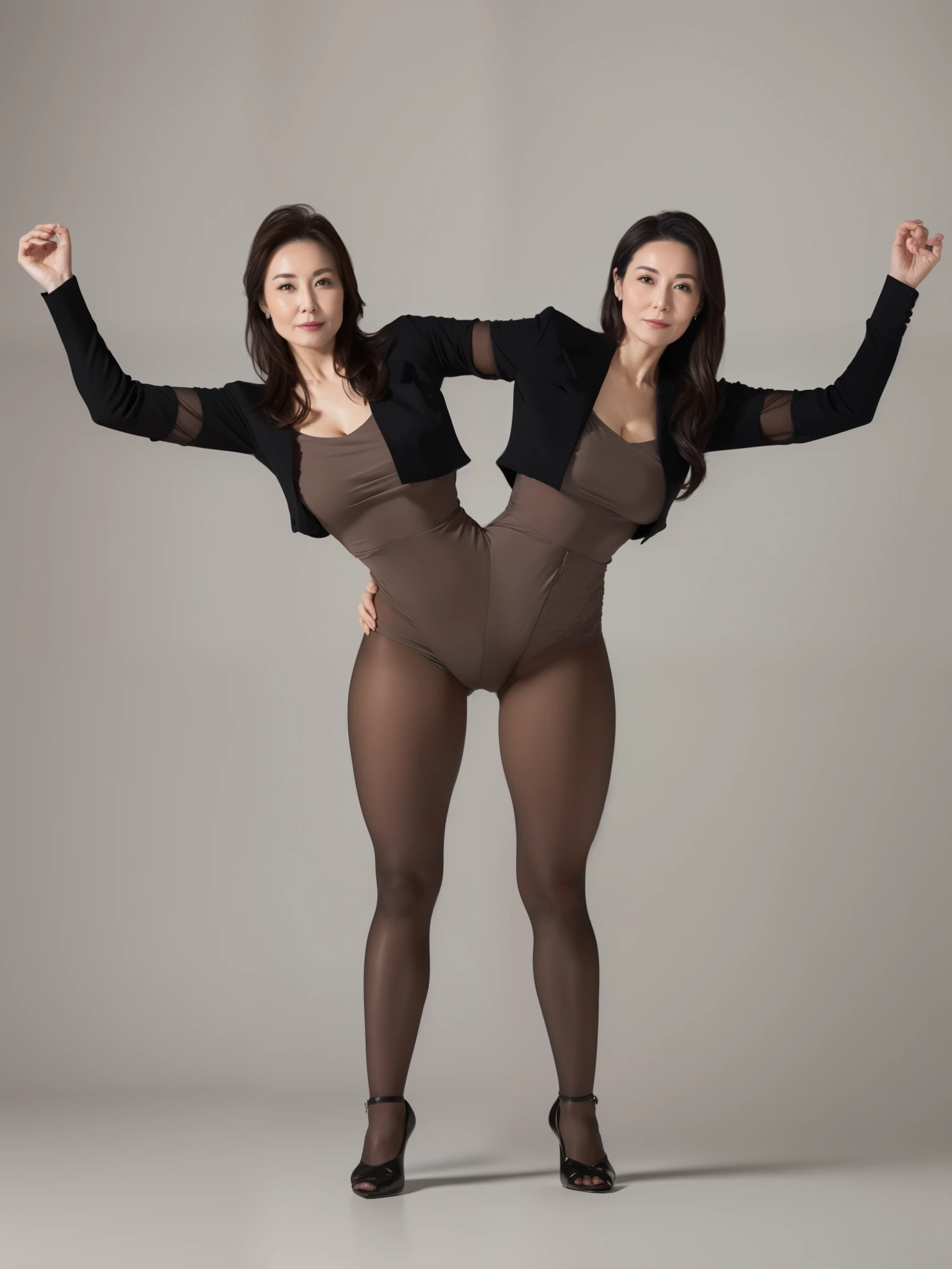 (highest quality,8k,masterpiece),Japanese Mature,50 years old,Huge ,Accentuate your cleavage,Glamour,Muchimuchi,Black Pantyhose,High heels,Draw the genitals,