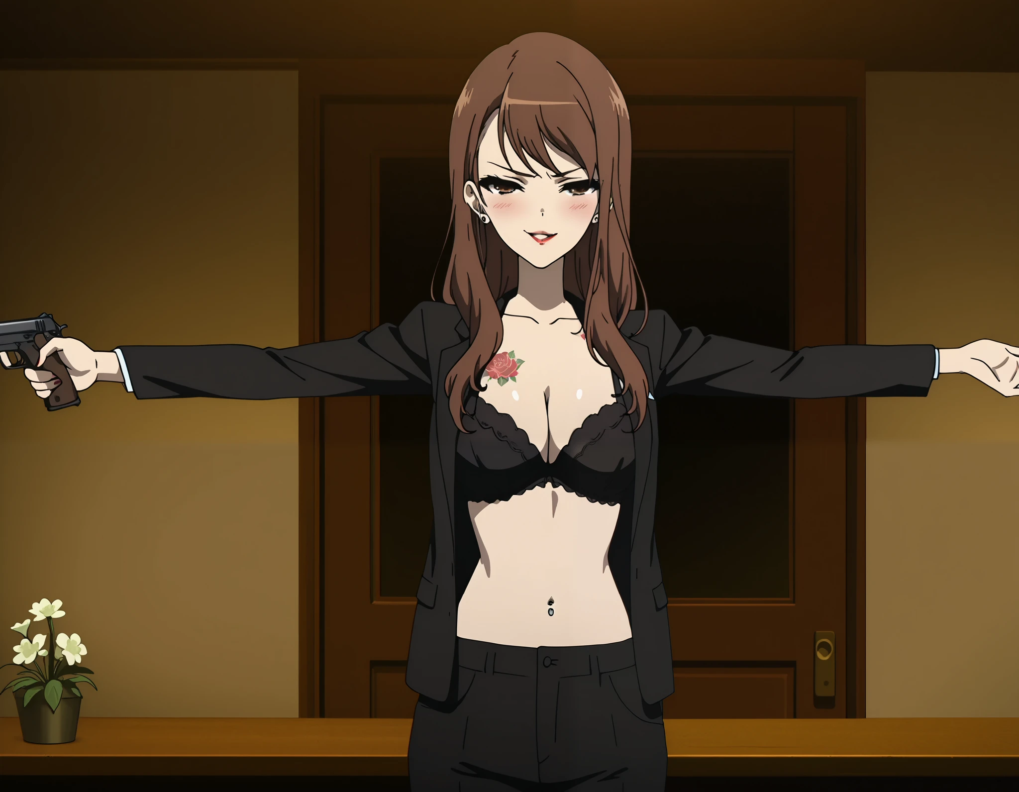 Reiko, 1girl, Alone, beautiful brown eyes, long brown hair,  pretty sister、anime screen cap,  anatomically accurate, highly detailed skin, ear piercing, long hair, blush, lipstick,Hot girl, baddie, smoking, bad attitude, mean girl, sensual, attractive, bar background, inside bar,indoors, long sleeves,
cleavage, jacket, unbuttoned pants, black jacket, black pants, formal, suit, black bra, evil smile, smile,
(nsfw) not safe for work, navel, evil expression, exposed belly, exposed navel, exposed midriff,
exposed lower belly, unbuttoned long black pants, open mouth, holding a gun, holding pistol, tattoo on body, flower tattoo, dragon tattoo, , shiny skin, open
arms sideway, arms T-pose, smirk, standing, anime girl T posing, navel piercing